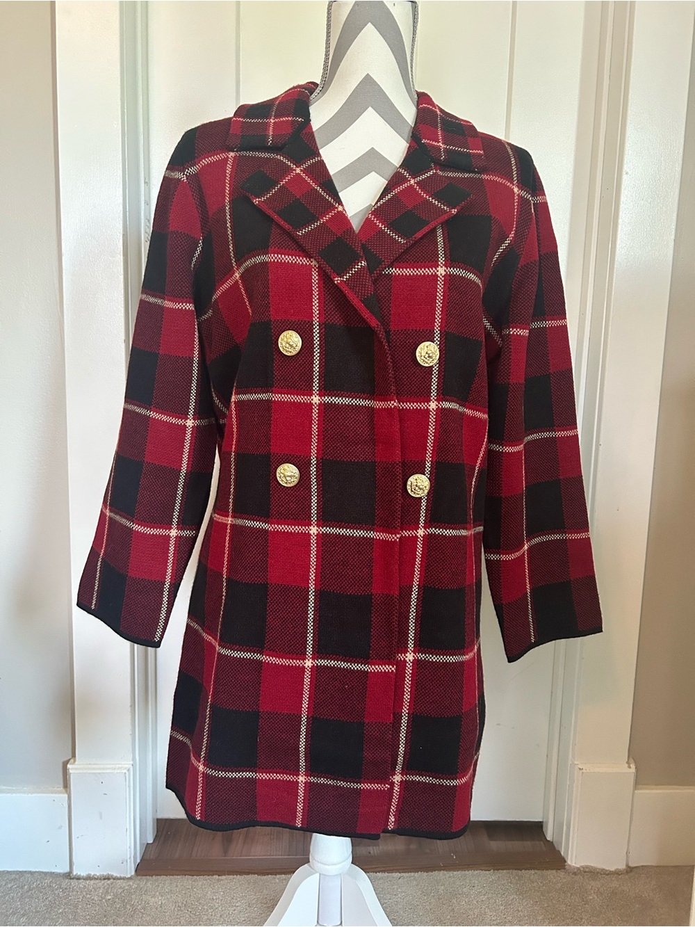 Anne Klein Red & Black Plaid Double-Breasted Sweater Coat with Gold Buttons